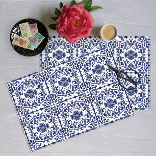 Papier Mousseline Carreaux d'ornement bleu sur blanc historique trad