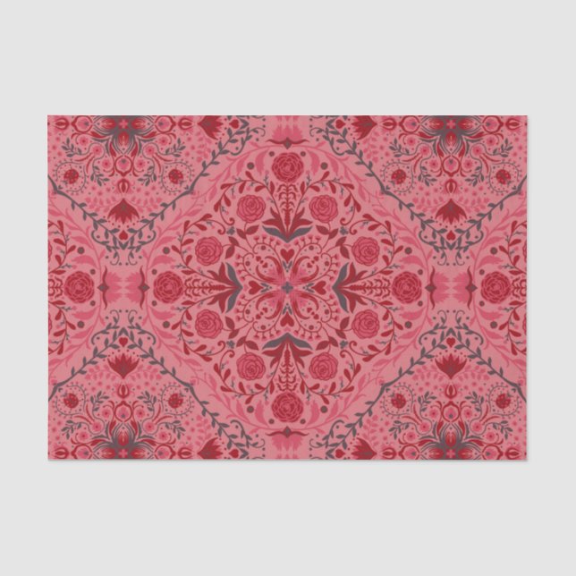 Papier Mousseline Carreaux floraux en rouge et pastèque rose (Recto)