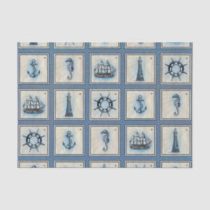 Papier Mousseline Carreaux marins Blue Lighthouse Ancre Ship Wheel