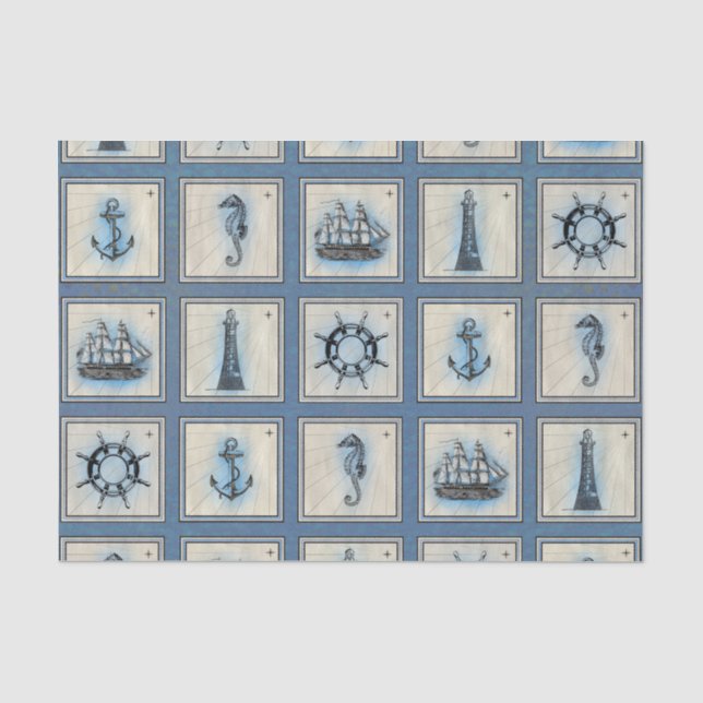 Papier Mousseline Carreaux marins | Blue Lighthouse Ancre Ship Wheel (Recto)