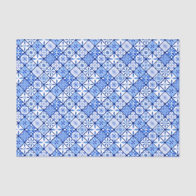 Papier Mousseline Carreaux Motif Bleu Et Blanc Italien Méditerranéen (Recto)