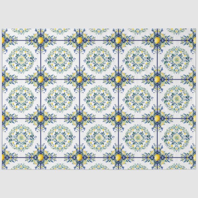 Papier Mousseline Carrelage italien Découpage bleu et blanc citron f (Recto)