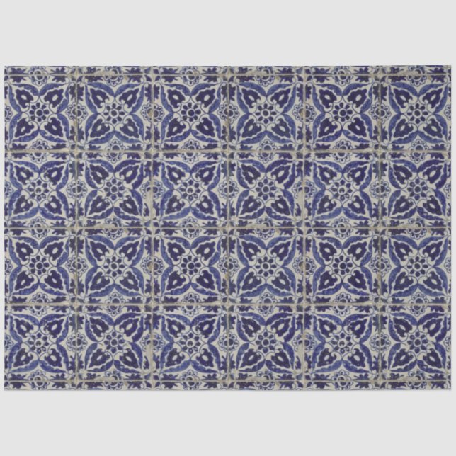 Papier Mousseline Carrelage italien rustique Azulejo bleu blanc géom (Recto)