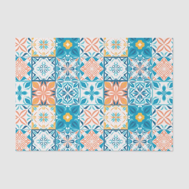 Papier Mousseline Carrelage orange et bleu (Recto)