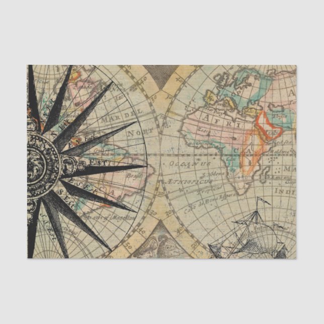 Papier Mousseline Carte ancienne avec boussole (Recto)
