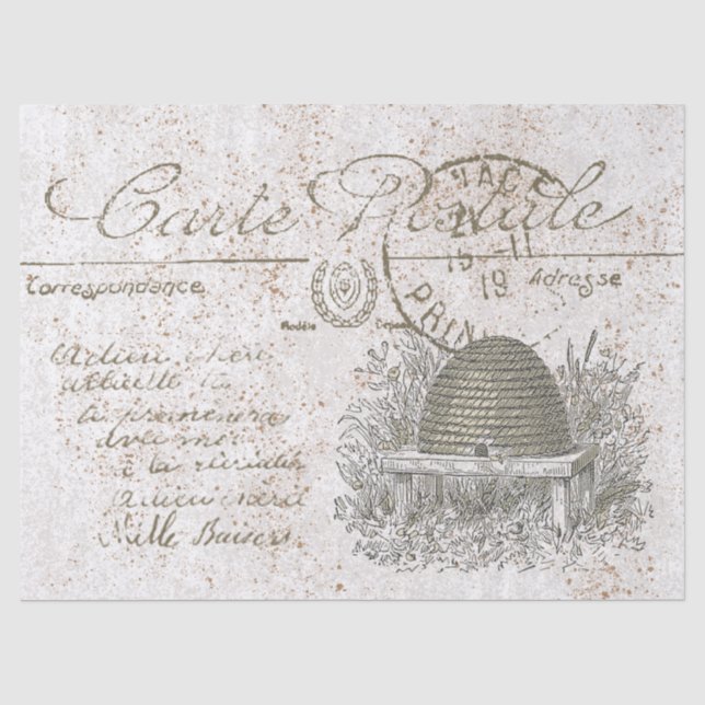 Papier Mousseline Carte Postale French Script Beehive Skep Decoupage (Recto)