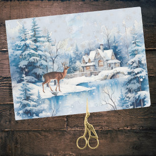 Papier Mousseline Cerf de neige en forêt près de Lake House en hiver