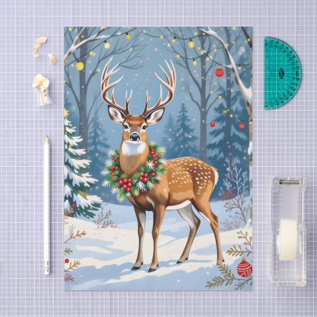 Papier Mousseline Cerf de Noël en forêt d'hiver festive (Artisanat)