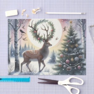 Papier Mousseline Cerf Vintage dans la neige Bois Solstice d'Hiver
