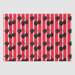 Papier Mousseline Cerises noires sur rouge et blanc rayé