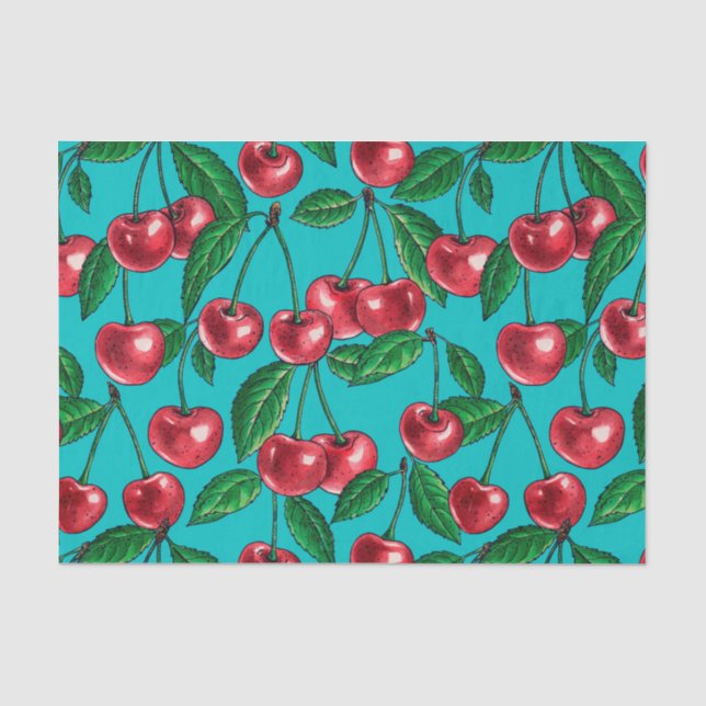 Papier Mousseline Cerises rouges sur turquoise (Recto)