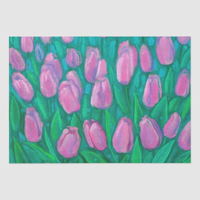 Papier Mousseline Champ de tulipes roses, Fleurs de printemps peintu (Recto)