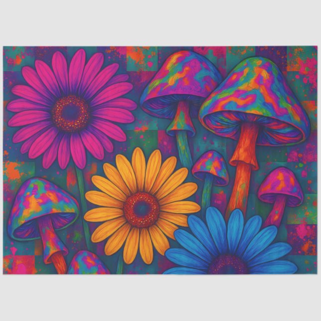 Papier Mousseline Champignons psychédéliques et marguerites avec chè (Recto)