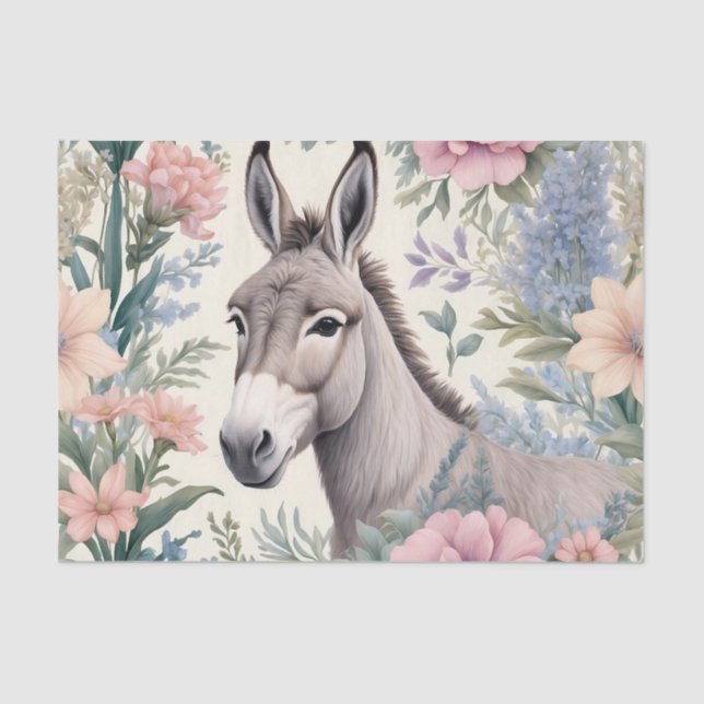 Papier Mousseline Charmante Donkey Pastel Fleurs Ferme Animal (Recto)