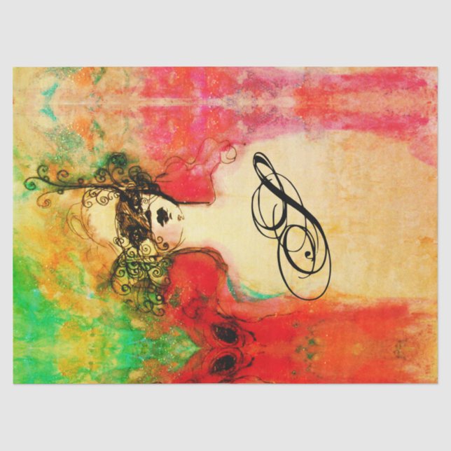 Papier Mousseline CHARME /Dame Avec Masque Monogramme Rose Vert Turq (Recto)