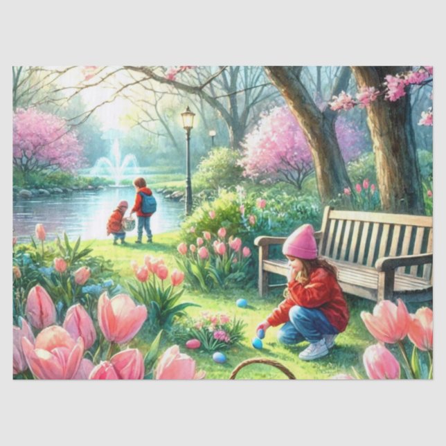 Papier Mousseline Chasse aux oeufs de Pâques Enfants et Tulipes rose (Recto)