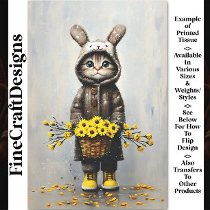 Papier Mousseline Chat Dans Un Manteau De Lapin, Panier De Fleurs BU