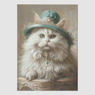 Papier Mousseline Chat de couleur crème Chapeau sarcelle Perles Déco
