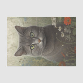 Papier Mousseline Chat gris floral