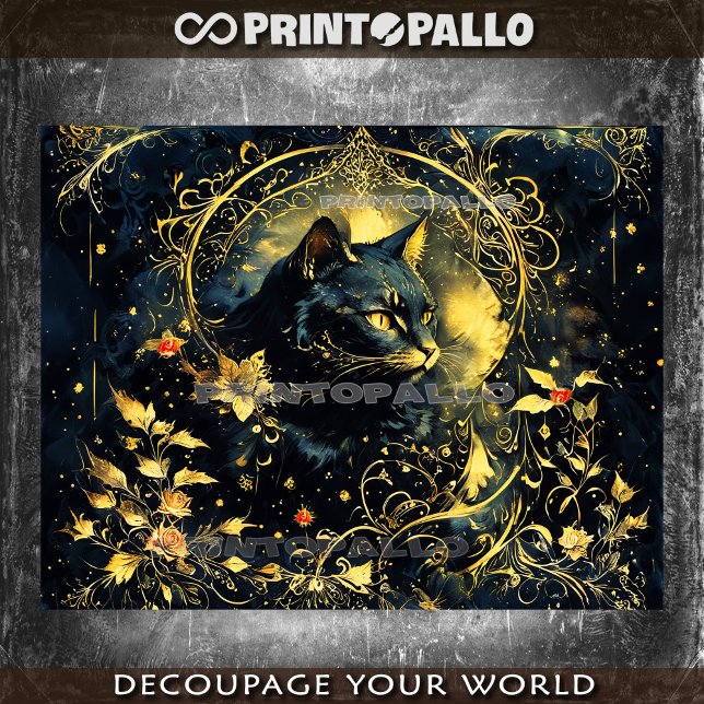 Papier Mousseline Chat noir Art Nouveau avec fleurs dorées (Créateur téléchargé)