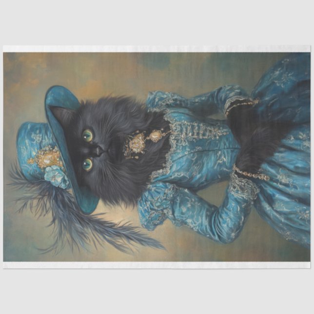 Papier Mousseline Chat noir dans une robe bleue découpage (Recto)