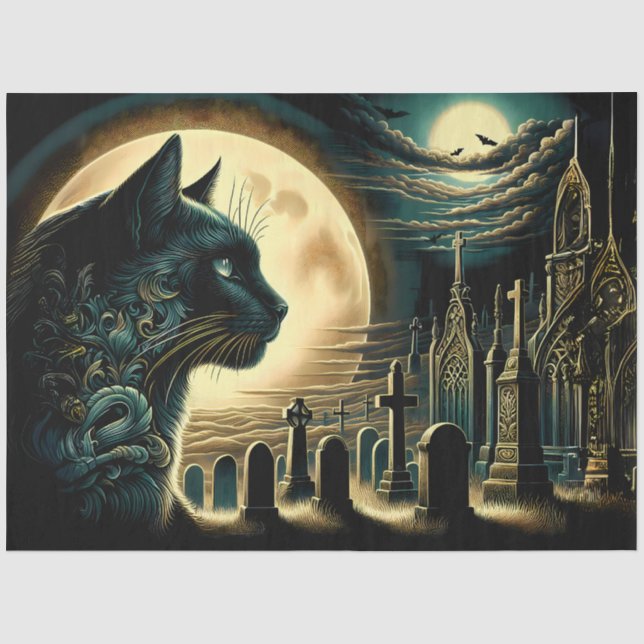Papier Mousseline Chat noir et cimetière gothique Halloween (Recto)