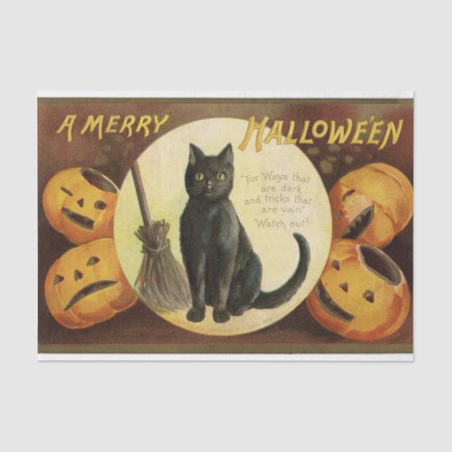 Papier Mousseline Chat noir et Citrouille vintage Halloween Witch (Recto)