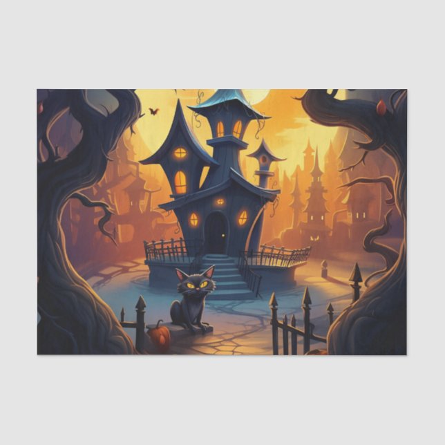 Papier Mousseline Chat noir et maison tordue Halloween découpage (Recto)