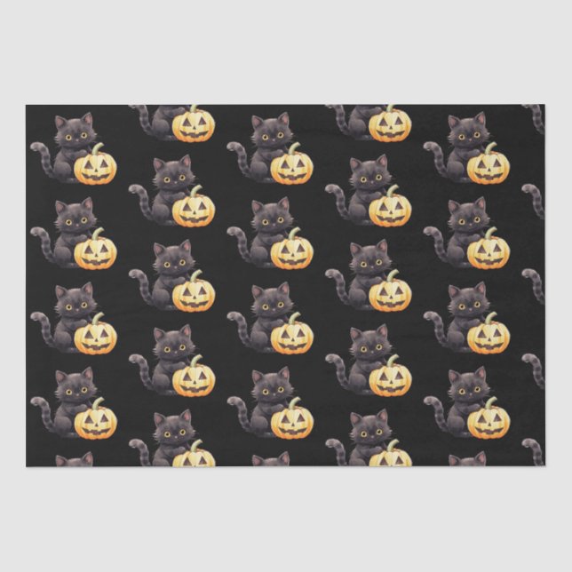Papier Mousseline Chat noir et Motif de la lanterne Jack-O' Hallowee (Recto)