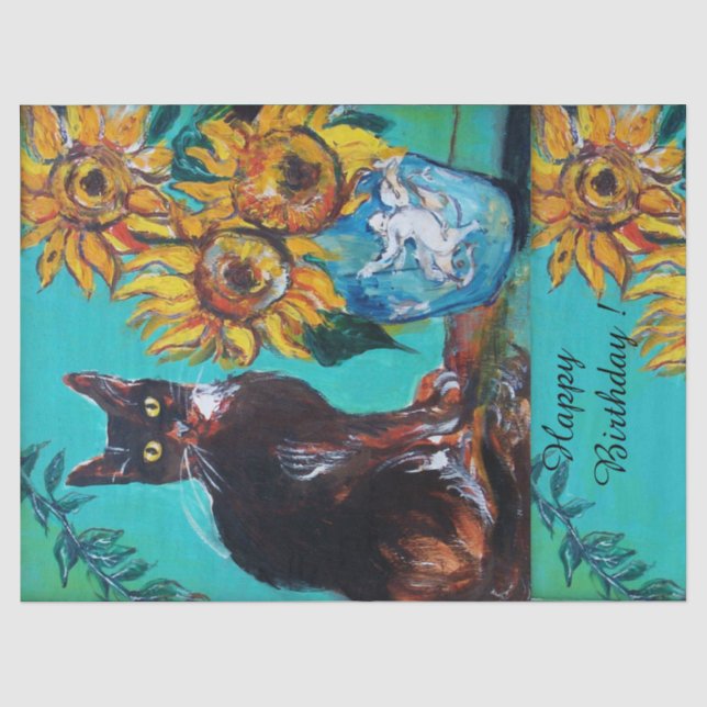 Papier Mousseline CHAT NOIR ET SOUFFLE EN BLEU TURQUOISE Anniversair (Recto)