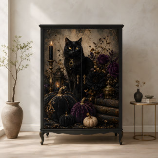 Papier Mousseline Chat noir Gothique Citrouilles Roses violettes Hal