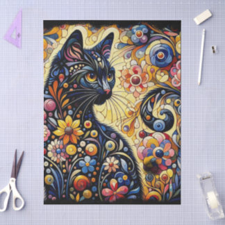Papier Mousseline Chat noir Kitty Floral Whimsal Decoupage