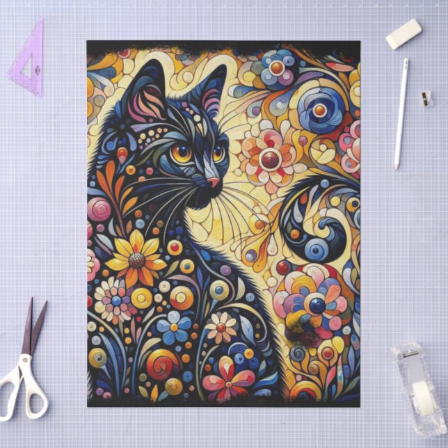 Papier Mousseline Chat noir Kitty Floral Whimsal Decoupage (Artisanat)