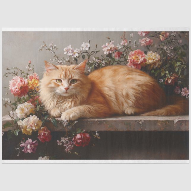 Papier Mousseline Chat orange avec Fleurs antiques Peinture Découpag (Recto)