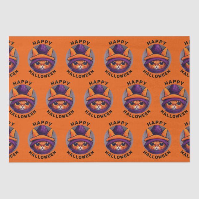 Papier Mousseline Chat orange avec sorcière violette Casquette Bonne (Recto)