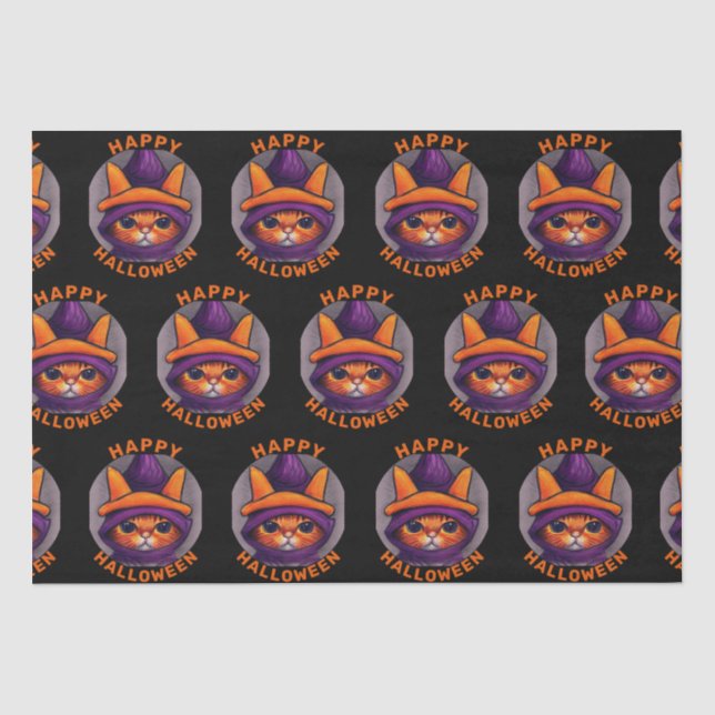 Papier Mousseline Chat orange avec sorcière violette Casquette Bonne (Recto)