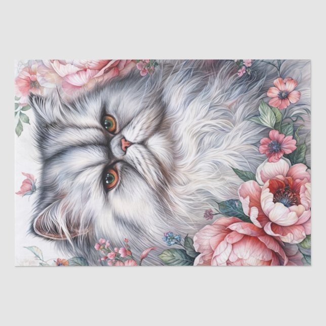 Papier Mousseline Chat Perse Floral Aquarelle Art (Recto)