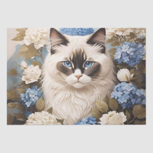 Papier Mousseline Chat Ragdoll Avec Fleurs Bleues D'Hydrangée (Recto)