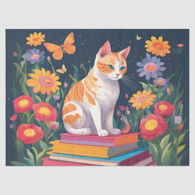 Papier Mousseline Chat sur une pile de livres (Recto)