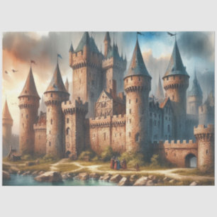 Papier Mousseline Château médiéval au bord d'une rivière tranquille