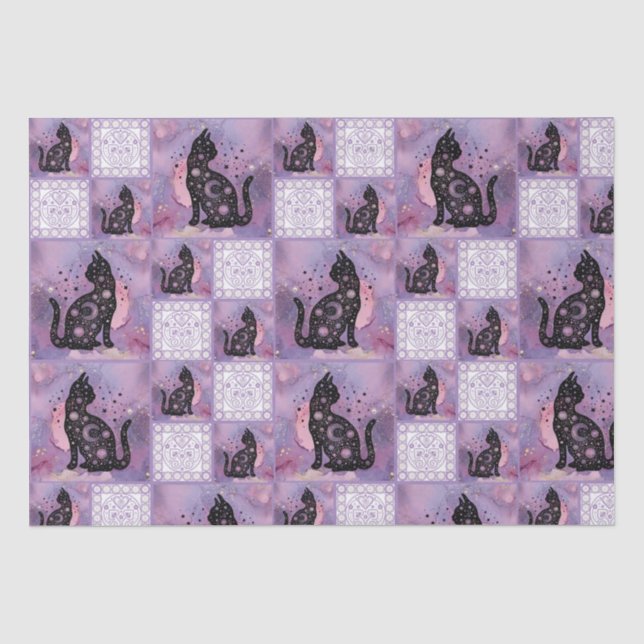 Papier Mousseline Chats cosmiques violets Motif de chaume (Recto)