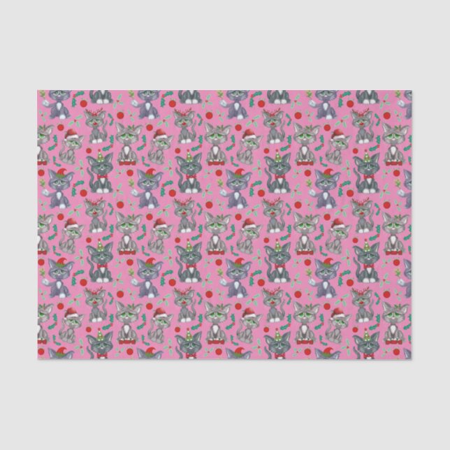 Papier Mousseline Chats de Noël Cool en rose (Recto)