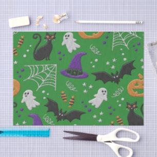 Papier Mousseline Chats noirs Fantômes chauves-souris Motif vert Hal