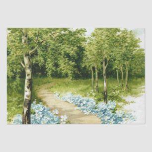 Papier Mousseline Chemin forestier Bouleau Arbres Fleurs bleues Déco