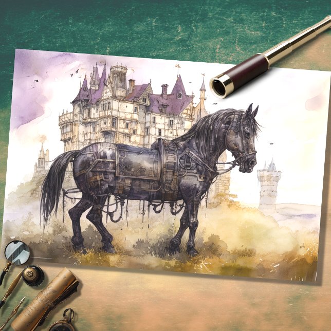 Papier Mousseline Cheval avec Castle Steampunk 1 Decoupage Papier (Créateur téléchargé)