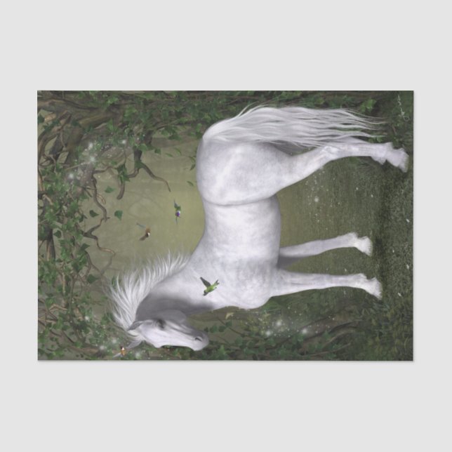 Papier Mousseline Cheval blanc dans les bois avec des colibris (Recto)