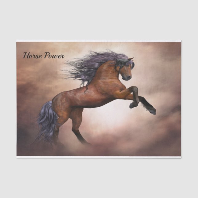 Papier Mousseline Cheval brun frison s'élevant avec les nuages (Recto)