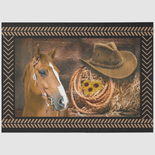 Papier Mousseline Cheval Cowboy Casquette Lasso Western Sunflowers (Recto)