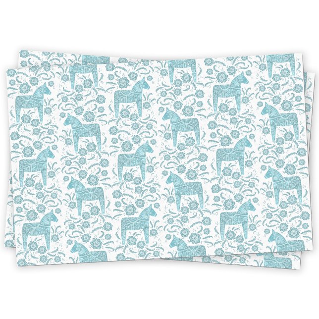Papier Mousseline Cheval de Dala suédois (Swedish Dala horse teal green and white pattern tissue paper)