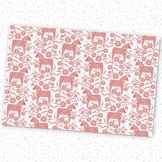 Papier Mousseline Cheval de Dala suédois Rouge et blanc (Red and white Swedish Dala Horse pattern festive tissue paper)